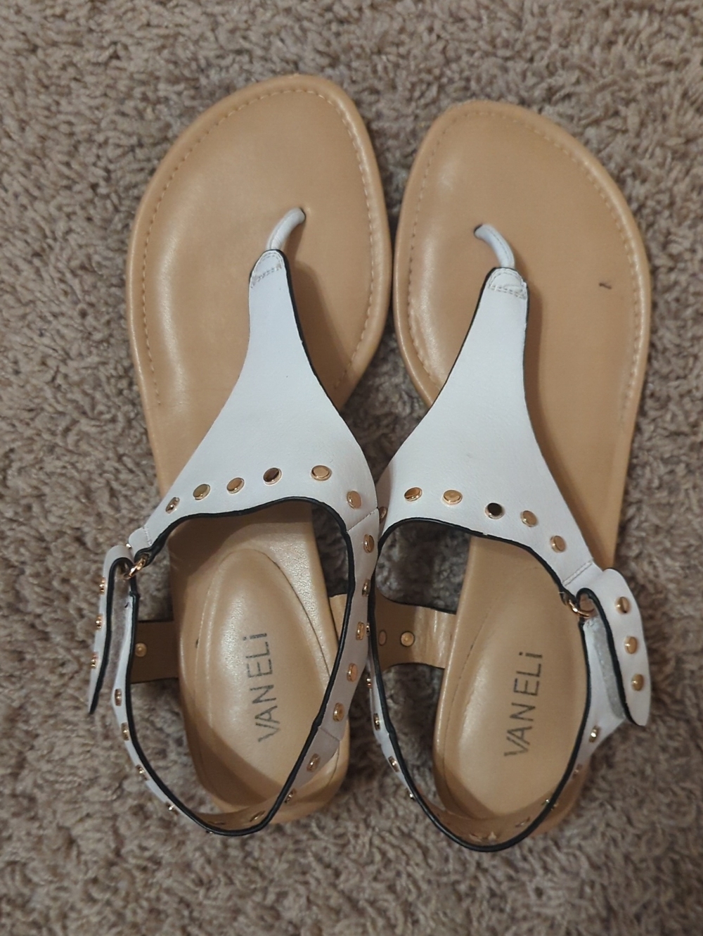 Van Eli White and Tan Studded Thong Sandals with Gold Accents
